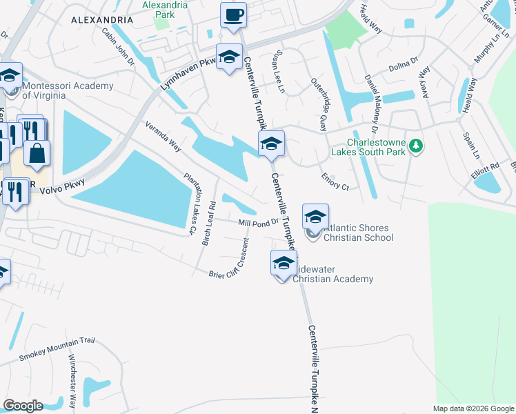 map of restaurants, bars, coffee shops, grocery stores, and more near 1261 Veranda Way in Chesapeake