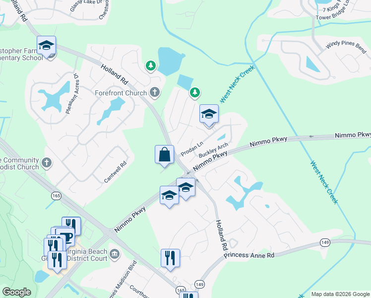 map of restaurants, bars, coffee shops, grocery stores, and more near 1788 Prodan Lane in Virginia Beach