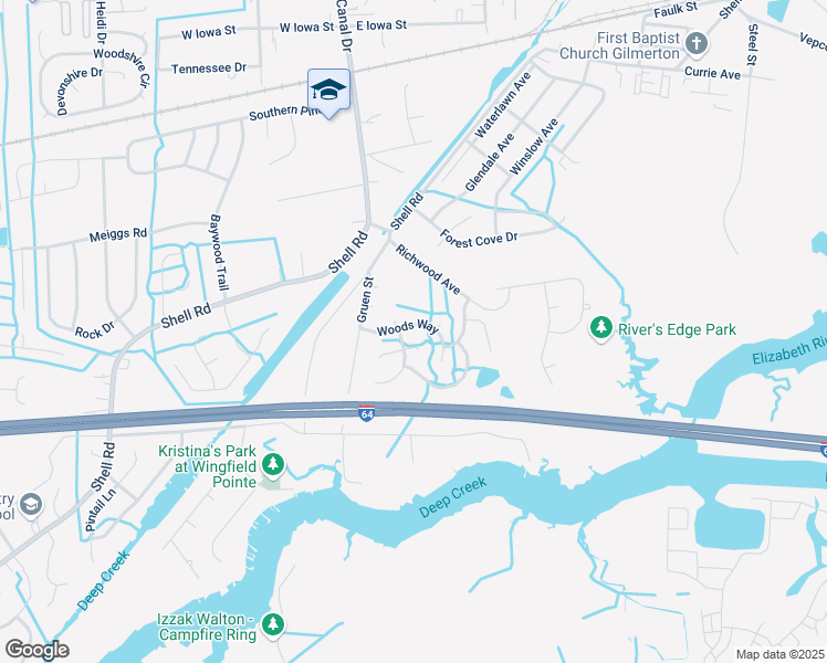 map of restaurants, bars, coffee shops, grocery stores, and more near 1219 Woods Way in Chesapeake