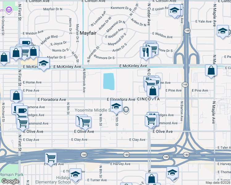 map of restaurants, bars, coffee shops, grocery stores, and more near 1425 North 9th Street in Fresno