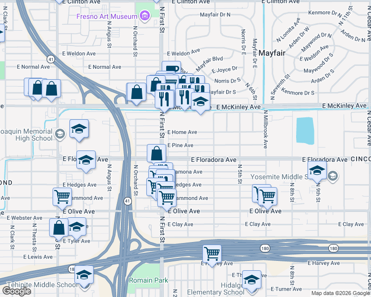 map of restaurants, bars, coffee shops, grocery stores, and more near 3240 East Pine Avenue in Fresno