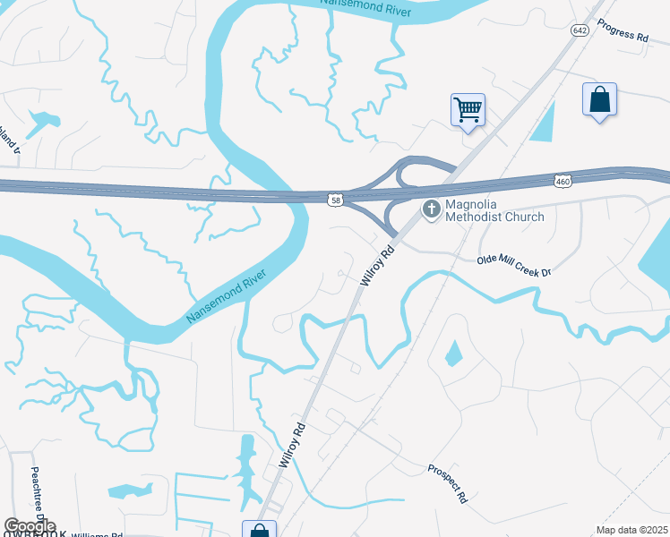 map of restaurants, bars, coffee shops, grocery stores, and more near 1612 River Creek Drive in Suffolk