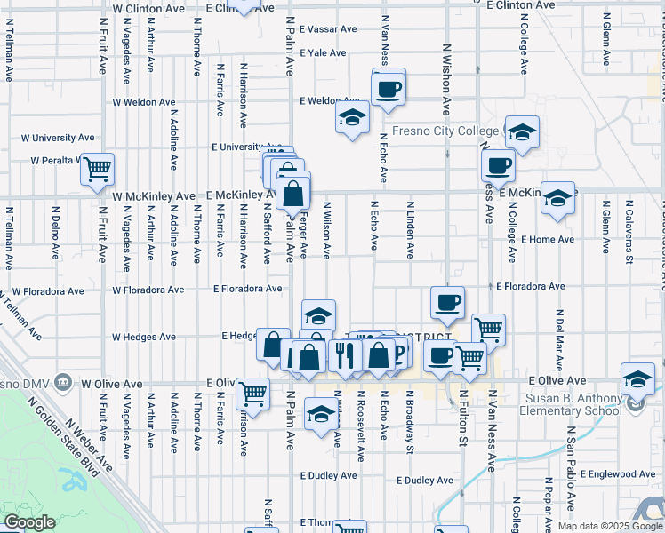 map of restaurants, bars, coffee shops, grocery stores, and more near 1450 North Wilson Avenue in Fresno