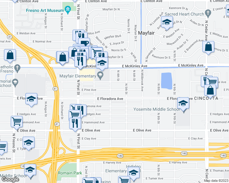 map of restaurants, bars, coffee shops, grocery stores, and more near 3422 East Pine Avenue in Fresno