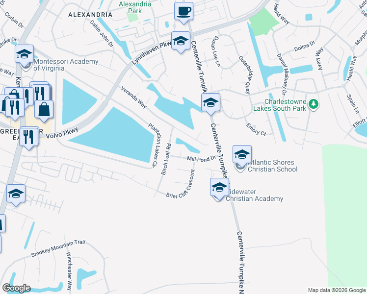 map of restaurants, bars, coffee shops, grocery stores, and more near 1509 Mill Pond Arch Road in Chesapeake