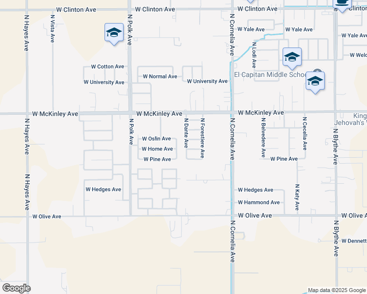map of restaurants, bars, coffee shops, grocery stores, and more near 1837 North Dante Avenue in Fresno