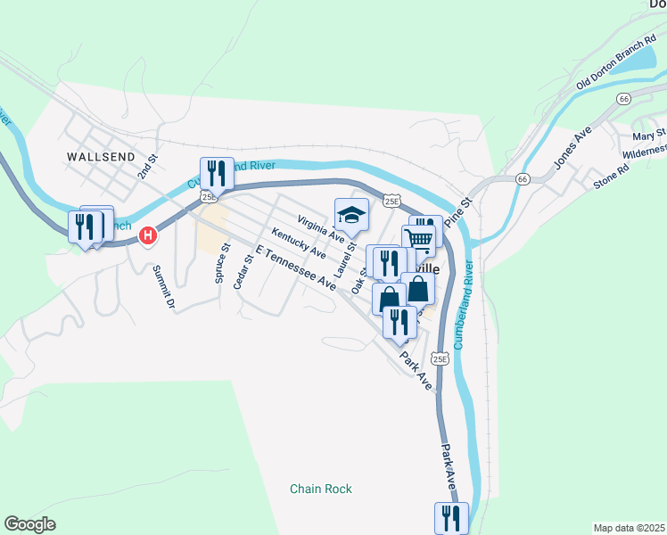 map of restaurants, bars, coffee shops, grocery stores, and more near 402 Kentucky Avenue in Pineville