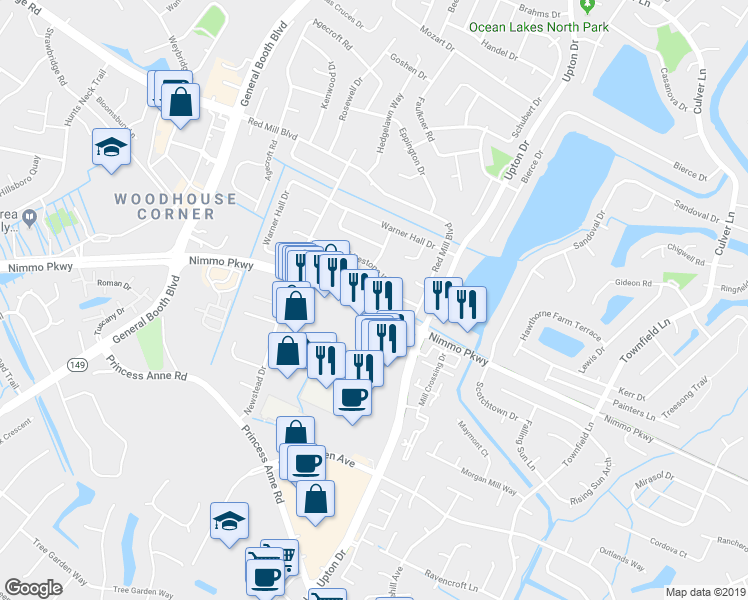 map of restaurants, bars, coffee shops, grocery stores, and more near 2208 Glen Ray Court in Virginia Beach