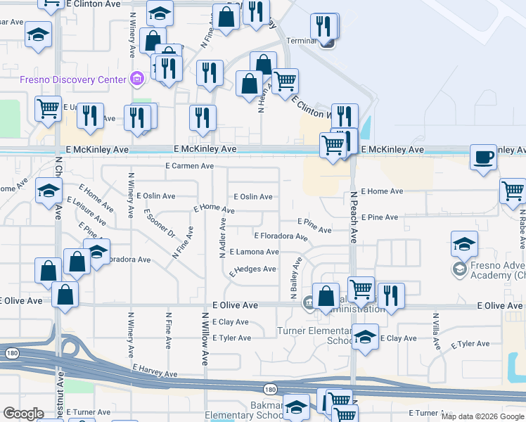 map of restaurants, bars, coffee shops, grocery stores, and more near 5072 East Home Avenue in Fresno
