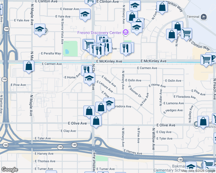 map of restaurants, bars, coffee shops, grocery stores, and more near 4844 East Leisure Avenue in Fresno