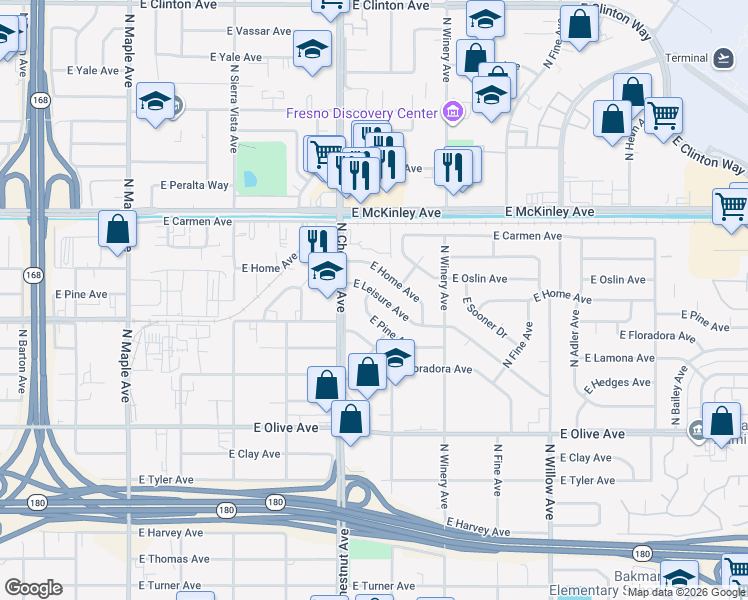 map of restaurants, bars, coffee shops, grocery stores, and more near 4844 East Leisure Avenue in Fresno