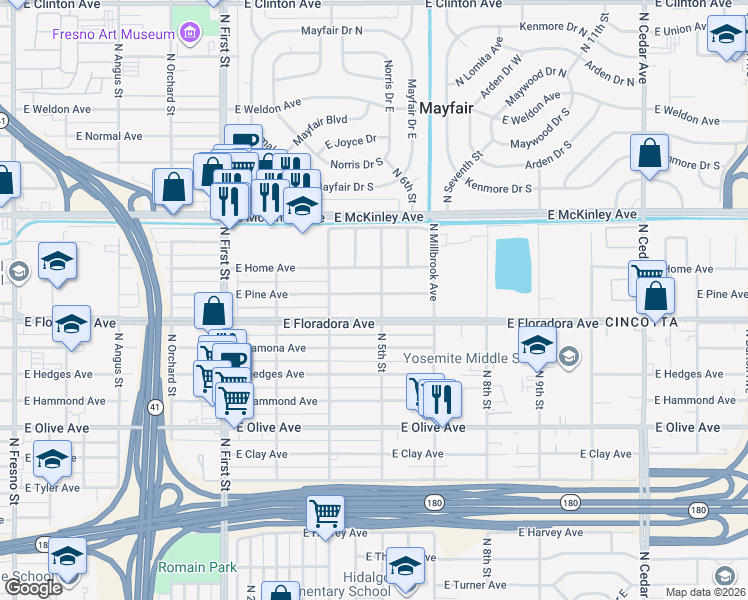 map of restaurants, bars, coffee shops, grocery stores, and more near 1421 North 5th Street in Fresno