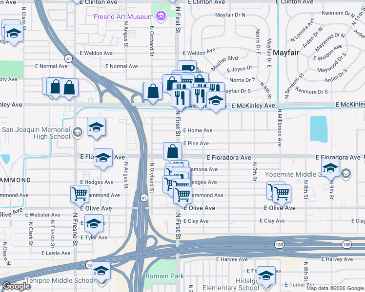 map of restaurants, bars, coffee shops, grocery stores, and more near 3118 East Pine Avenue in Fresno