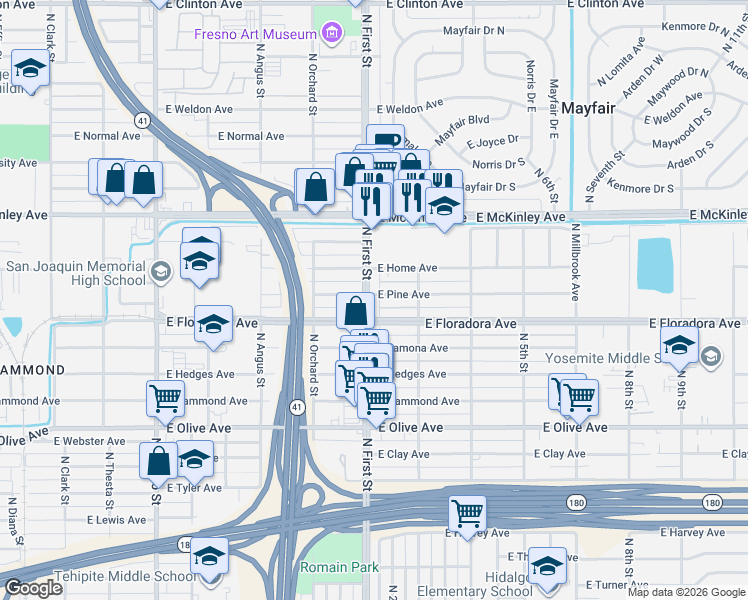 map of restaurants, bars, coffee shops, grocery stores, and more near 3118 East Pine Avenue in Fresno