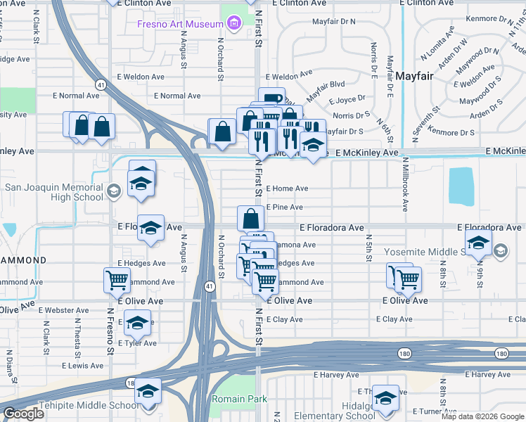 map of restaurants, bars, coffee shops, grocery stores, and more near 3118 East Pine Avenue in Fresno