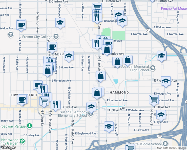 map of restaurants, bars, coffee shops, grocery stores, and more near 1618 East Pine Avenue in Fresno