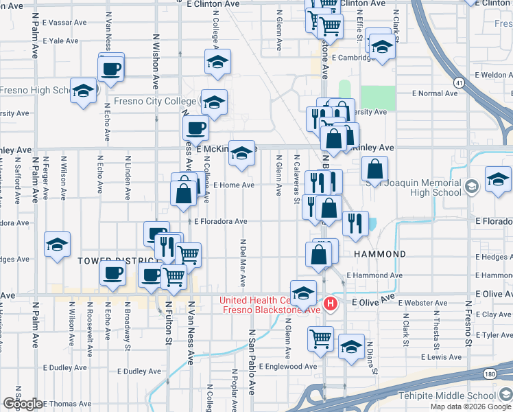 map of restaurants, bars, coffee shops, grocery stores, and more near 1427 North San Pablo Avenue in Fresno