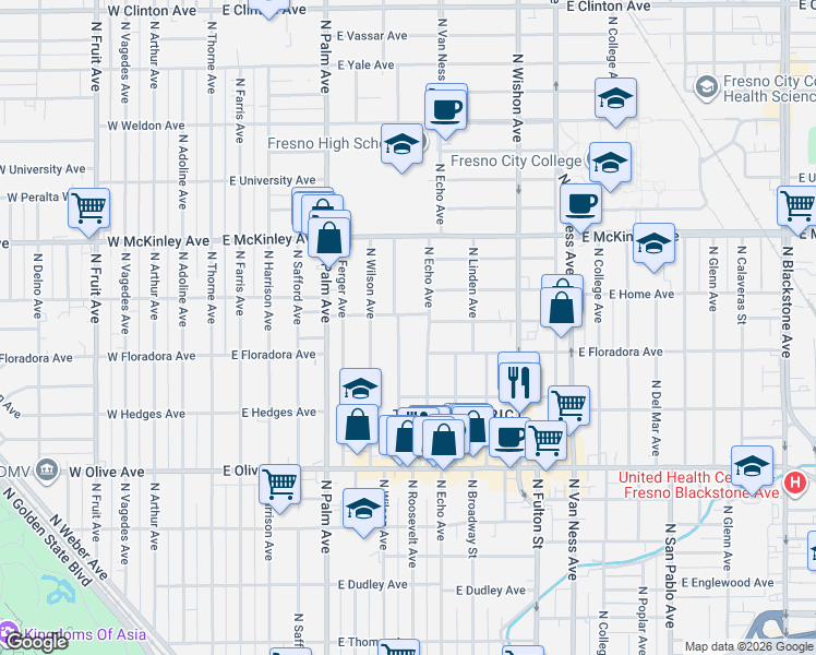 map of restaurants, bars, coffee shops, grocery stores, and more near 1455 North Echo Avenue in Fresno