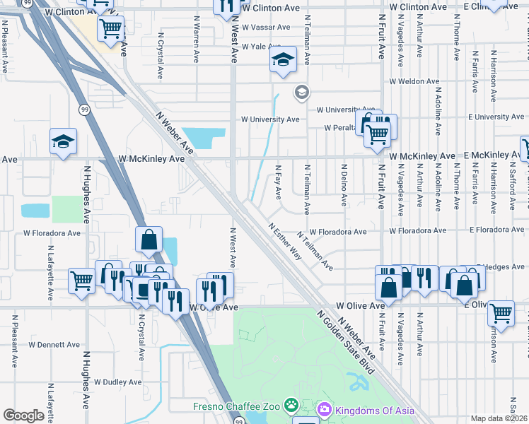 map of restaurants, bars, coffee shops, grocery stores, and more near 1440 North Esther Way in Fresno
