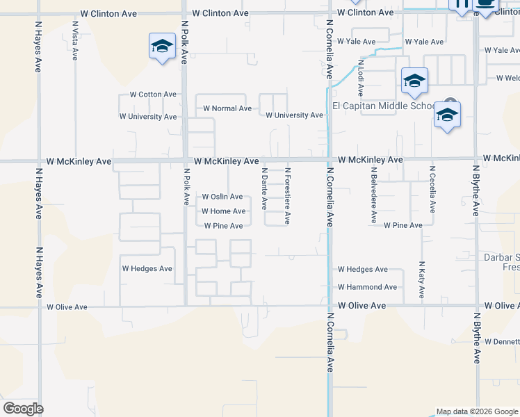 map of restaurants, bars, coffee shops, grocery stores, and more near 1837 North Dante Avenue in Fresno