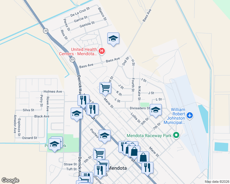 map of restaurants, bars, coffee shops, grocery stores, and more near 231 L Street in Mendota