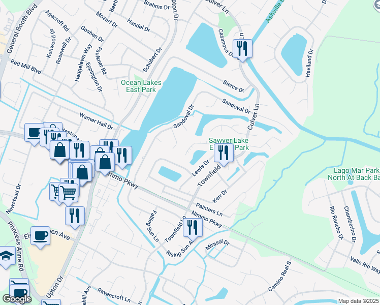 map of restaurants, bars, coffee shops, grocery stores, and more near 973 Gideon Road in Virginia Beach