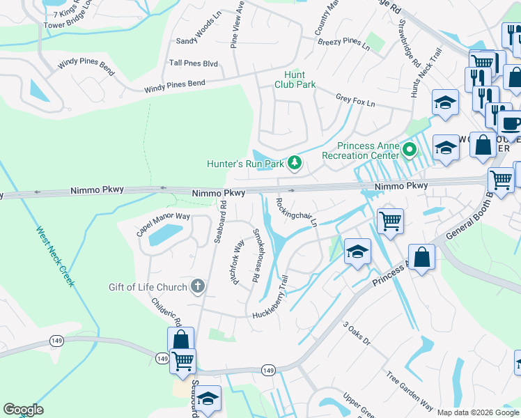 map of restaurants, bars, coffee shops, grocery stores, and more near 2405 Hayloft Lane in Virginia Beach
