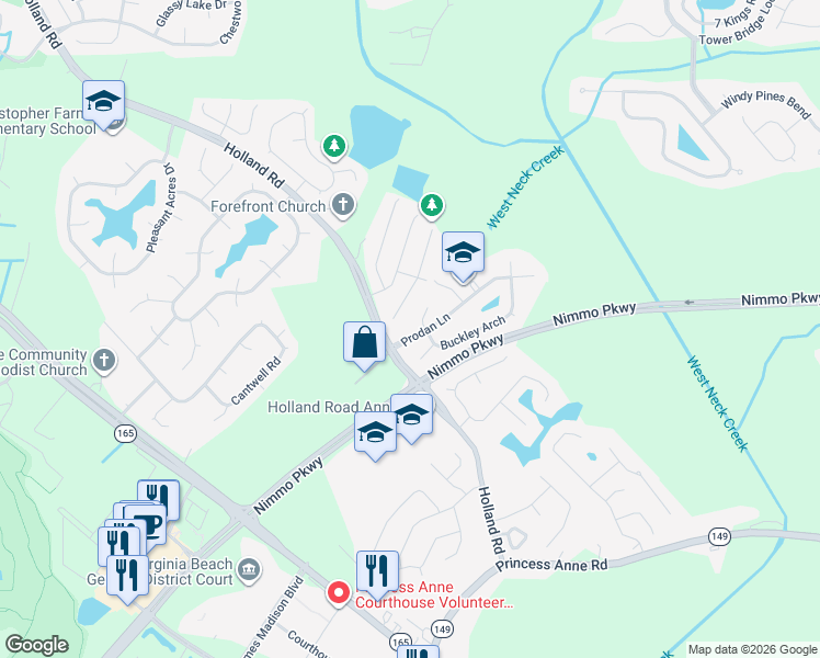 map of restaurants, bars, coffee shops, grocery stores, and more near 1788 Prodan Lane in Virginia Beach