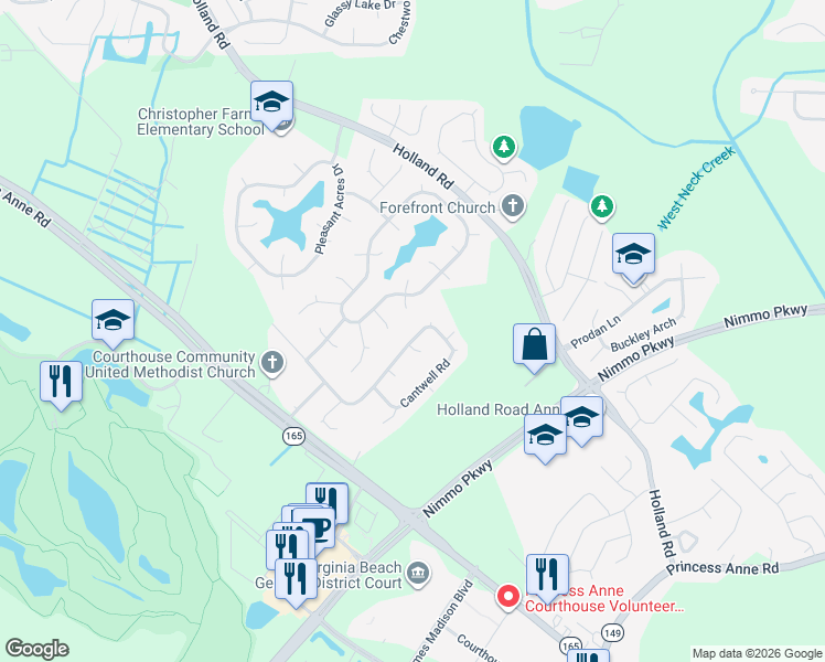 map of restaurants, bars, coffee shops, grocery stores, and more near 2625 Cantwell Road in Virginia Beach
