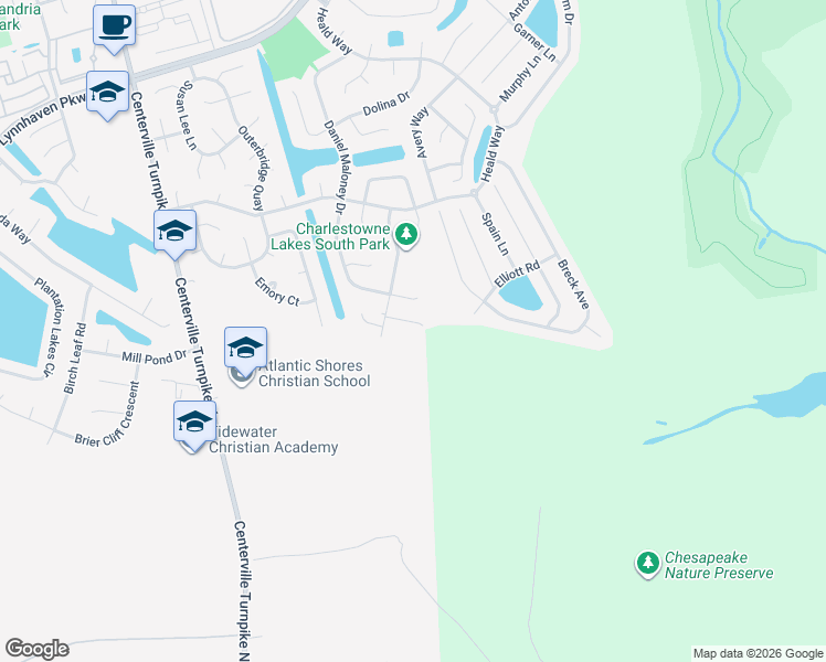 map of restaurants, bars, coffee shops, grocery stores, and more near 1011 Dustin Court in Chesapeake