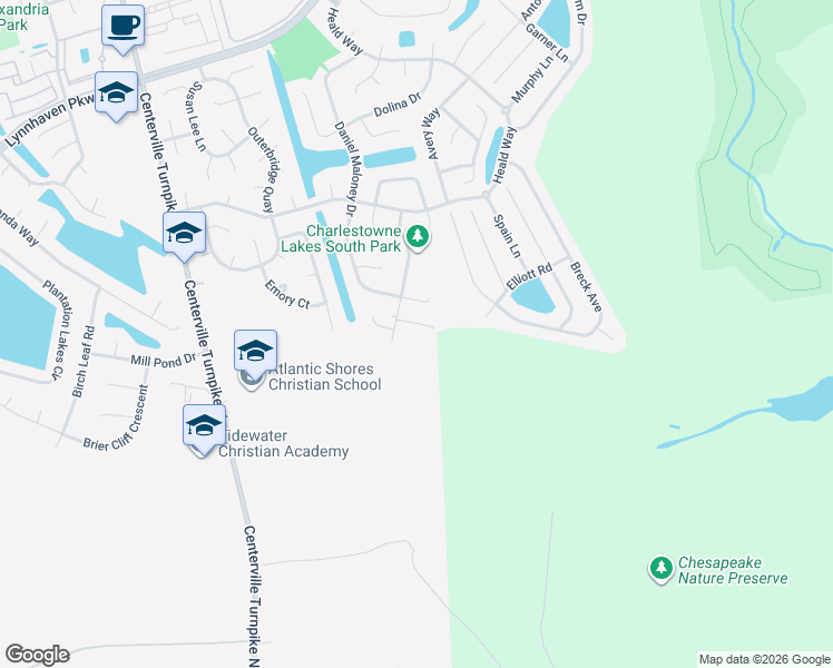 map of restaurants, bars, coffee shops, grocery stores, and more near 1116 Kinderly Lane in Chesapeake