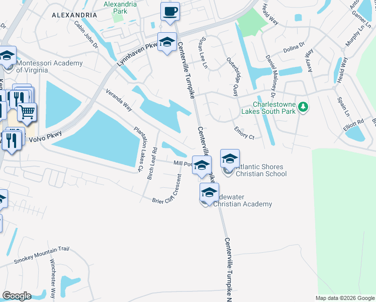 map of restaurants, bars, coffee shops, grocery stores, and more near 1261 Veranda Way in Chesapeake