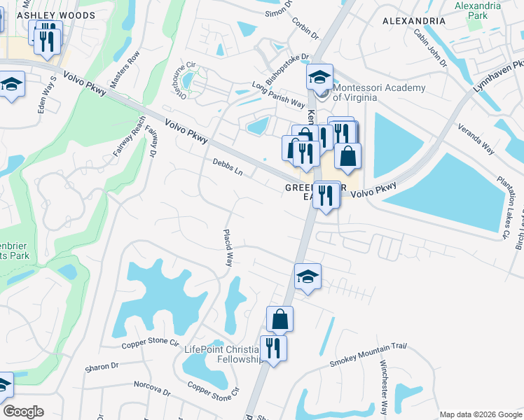 map of restaurants, bars, coffee shops, grocery stores, and more near 1325 Placid Way in Chesapeake