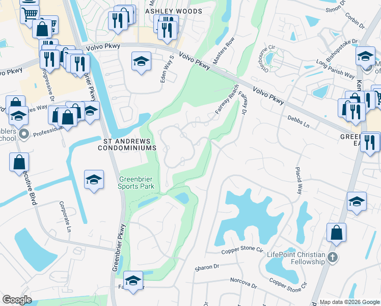 map of restaurants, bars, coffee shops, grocery stores, and more near 1051 Shoal Creek Trail in Chesapeake