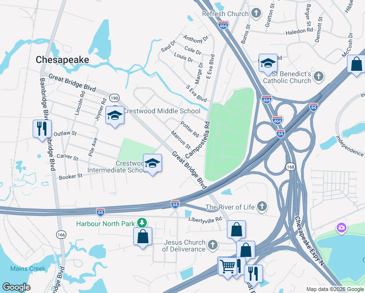 map of restaurants, bars, coffee shops, grocery stores, and more near 723 Marcus Street in Chesapeake
