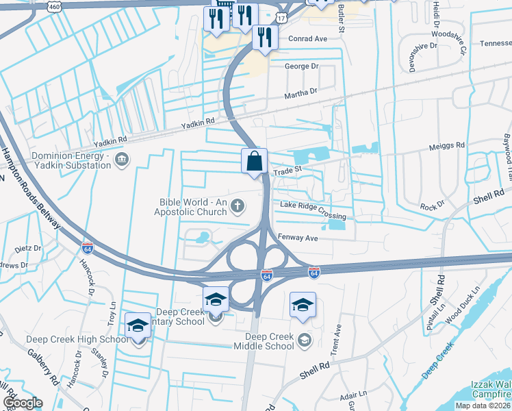 map of restaurants, bars, coffee shops, grocery stores, and more near 604 Happy Acres Road in Chesapeake