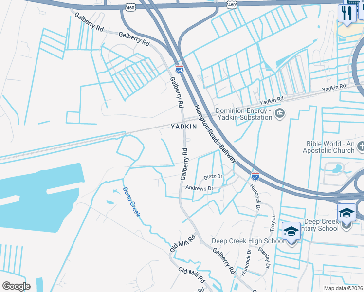 map of restaurants, bars, coffee shops, grocery stores, and more near 3343 Galberry Road in Chesapeake