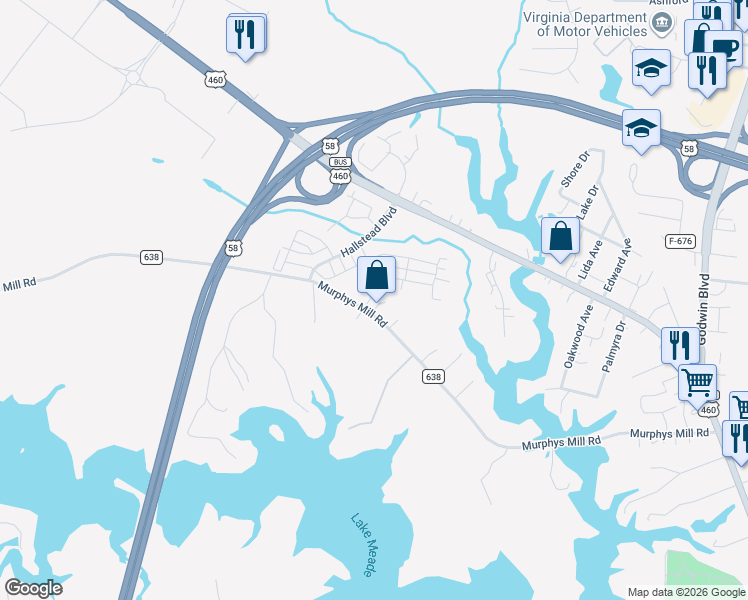 map of restaurants, bars, coffee shops, grocery stores, and more near 604 Murphys Mill Road in Suffolk