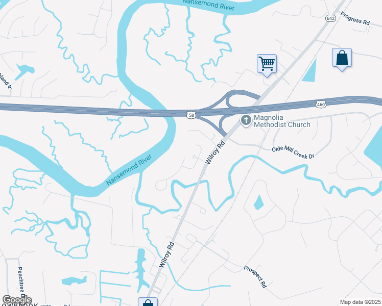 map of restaurants, bars, coffee shops, grocery stores, and more near 1612 River Creek Drive in Suffolk