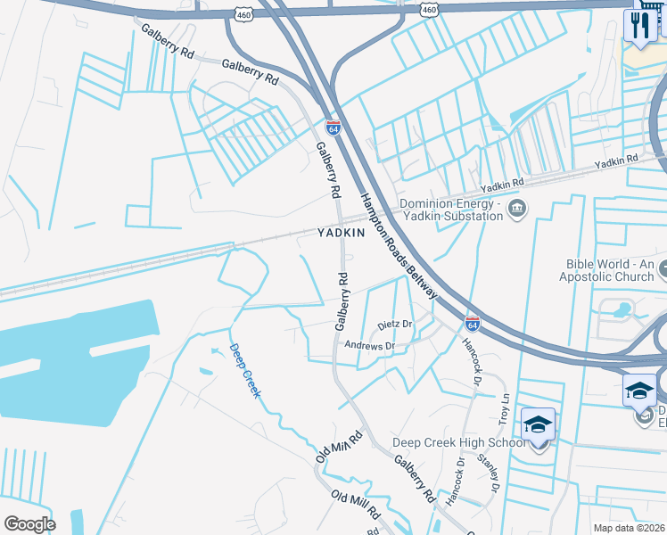 map of restaurants, bars, coffee shops, grocery stores, and more near 3343 Galberry Road in Chesapeake