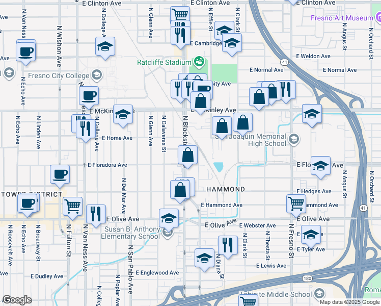 map of restaurants, bars, coffee shops, grocery stores, and more near 1448 North Blackstone Avenue in Fresno