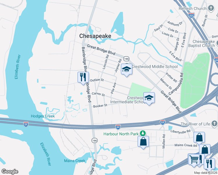 map of restaurants, bars, coffee shops, grocery stores, and more near 216 Dunn Street in Chesapeake