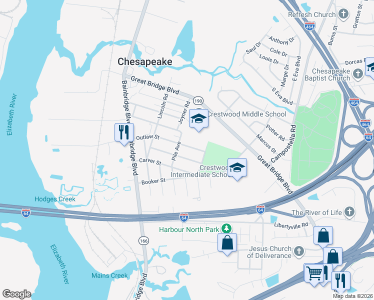 map of restaurants, bars, coffee shops, grocery stores, and more near 309 Outlaw St in Chesapeake