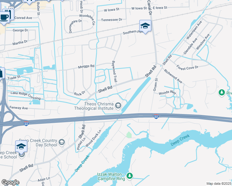 map of restaurants, bars, coffee shops, grocery stores, and more near 916 Landing Creek Drive in Chesapeake