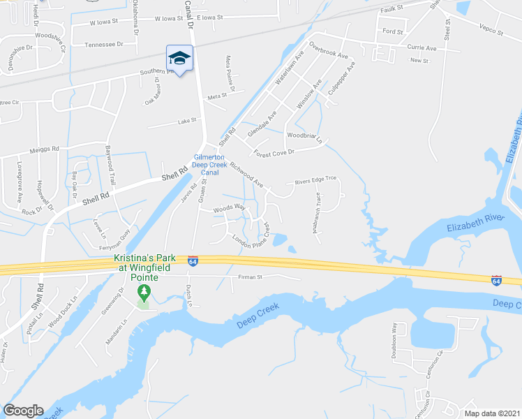 map of restaurants, bars, coffee shops, grocery stores, and more near 308 Paperbark Trail in Chesapeake