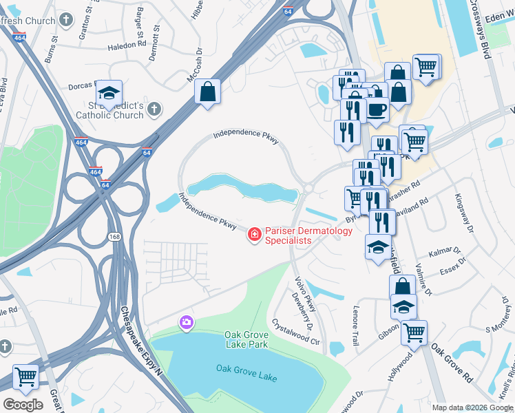 map of restaurants, bars, coffee shops, grocery stores, and more near 505 Independence Parkway in Chesapeake