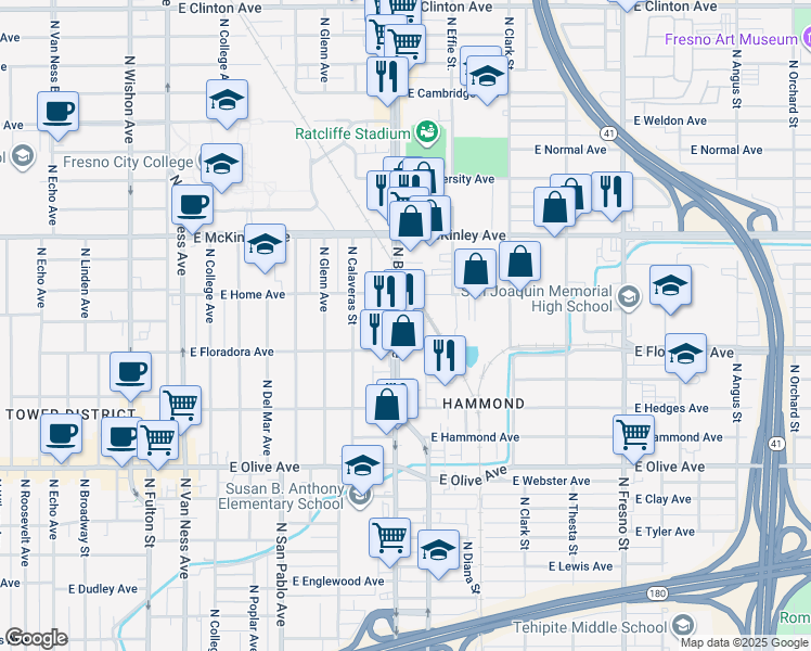 map of restaurants, bars, coffee shops, grocery stores, and more near 1448 North Blackstone Avenue in Fresno