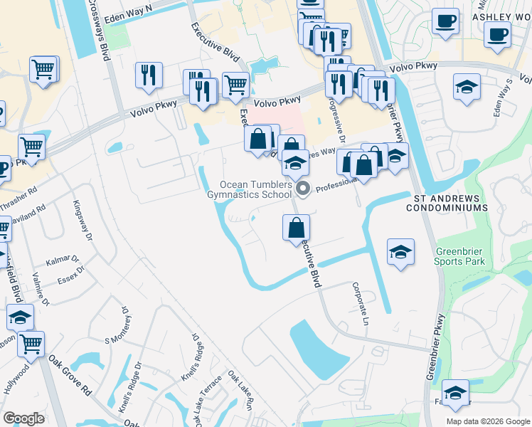 map of restaurants, bars, coffee shops, grocery stores, and more near 829 Professional Place in Chesapeake