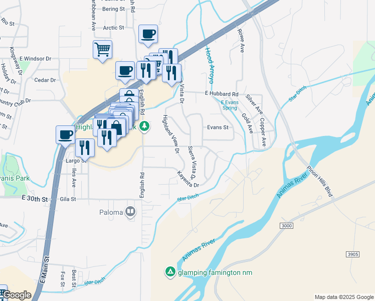 map of restaurants, bars, coffee shops, grocery stores, and more near 5107 Largo Street in Farmington