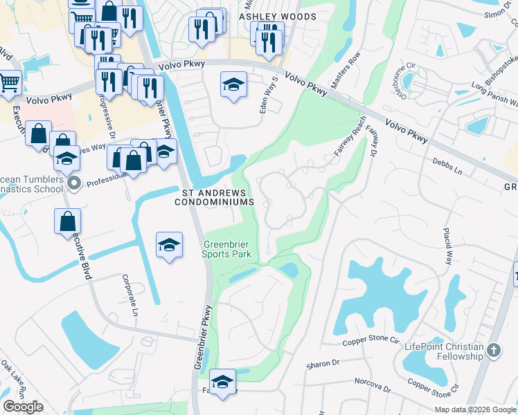 map of restaurants, bars, coffee shops, grocery stores, and more near 931A Shoal Creek Trail in Chesapeake